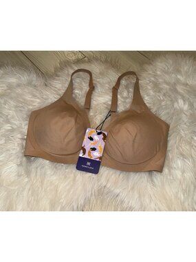 HoneyLove Crossover V-Neck Bra Lined Wire Free Mesh Trim Womens 34D/DD Sand New